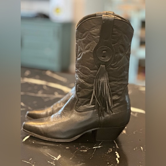 Women's Black Leather Western Boots with Fringe